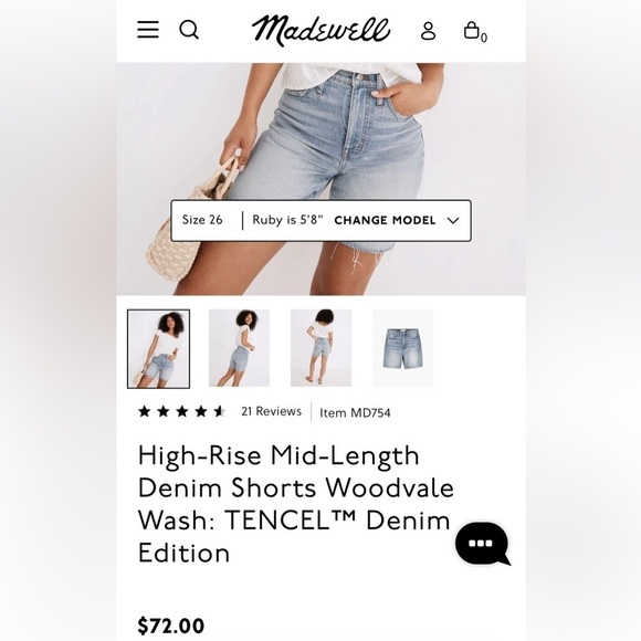MADEWELL High-Rise Mid-Length Denim Shorts Woodvale Wash TENCEL Denim Edition 26 - Picture 9 of 9